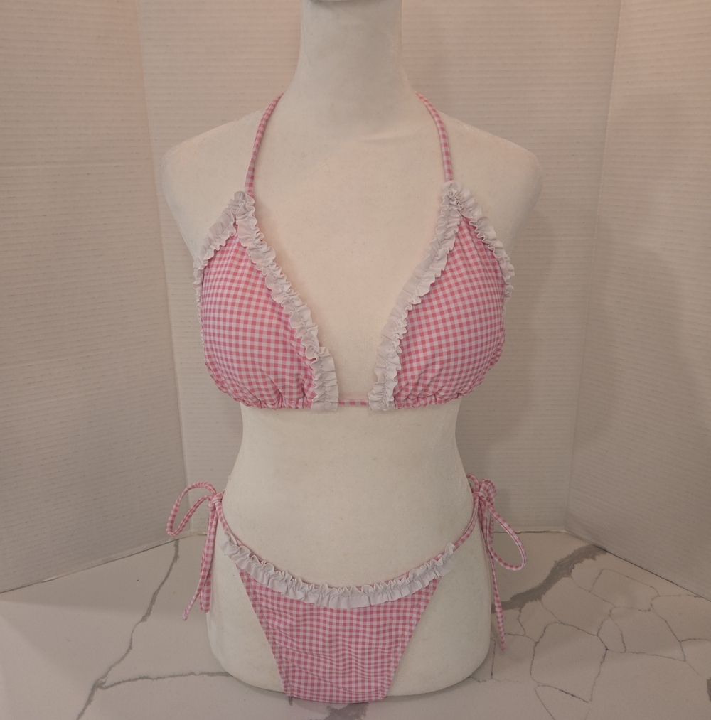 Feminine Gingham Ruffle Triangle String Bikini Set Swimsuit Pink White Medium